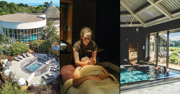 Exterior of Seaham Hall Serenity Spa, woman getting massage at Rockliffe Hall Spa and inside of Ramsdie Hall spa